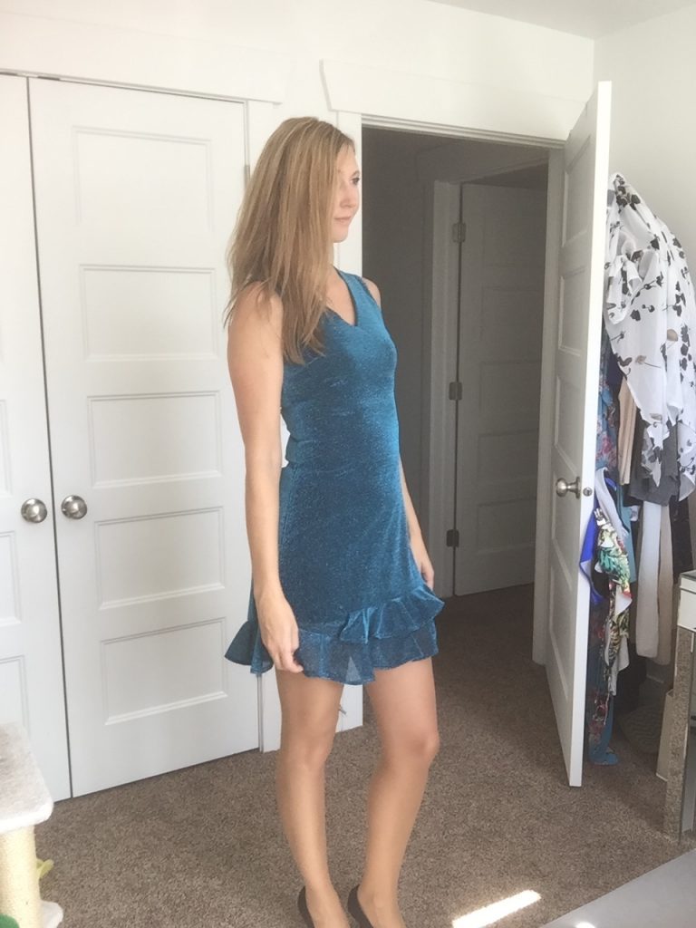 woman in Blue Ruffled Velvet Dress